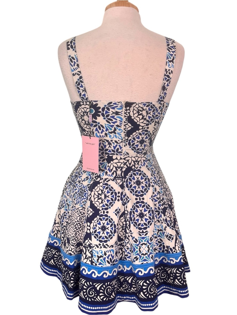 Avec Les Filles Mini Dress Size 2 Barcelona Tile Print Blue White Fit Flare NWT - Picture 3 of 11